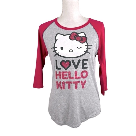 Sanrio Hello Kitty Girl's Glitter Raglan Crew Neck T-Shirt Top Size Large 11/13 - Picture 1 of 5